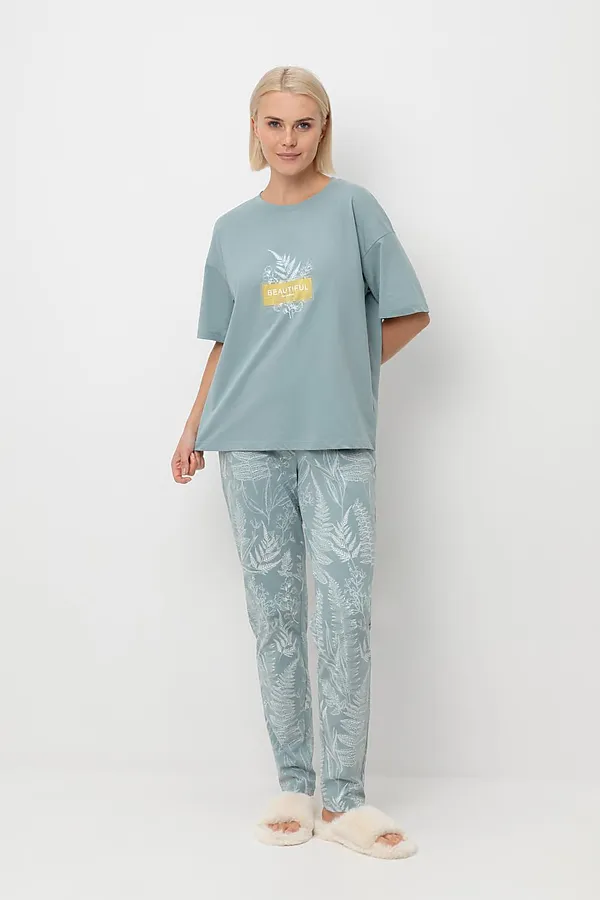 Пижама VERY NEAT, пыльно-голубой,лесной гербарий - фото 1