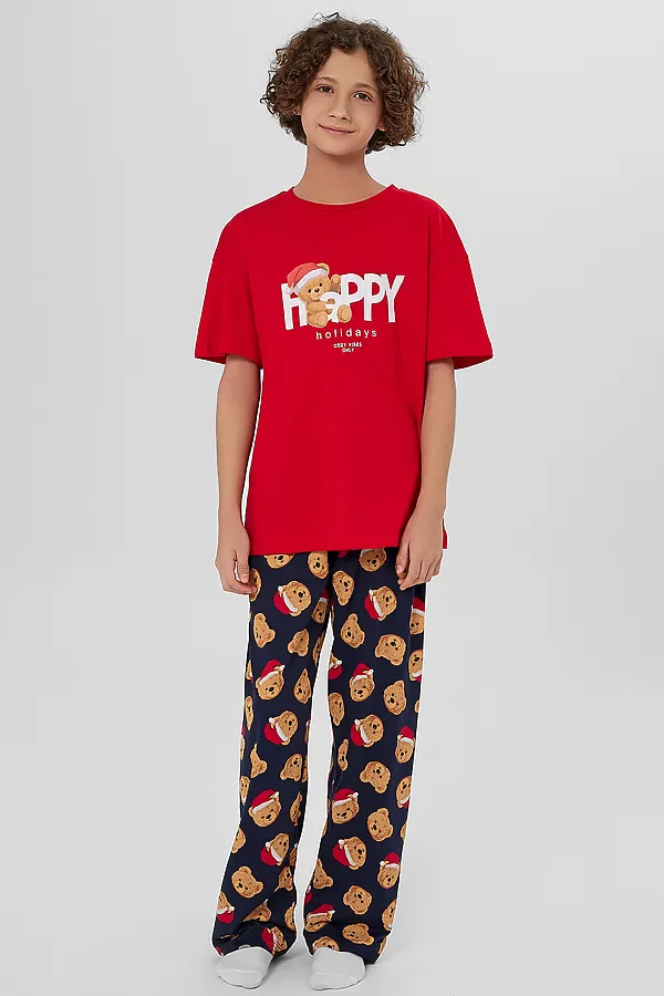 Пижама MARK FORMELLE, красный +праздничные медвежата на синем - фото 1