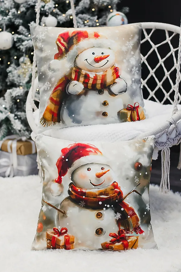 Наволочка декоративная новогодняя 2 шт 3D эффект велюр НАТАЛИ, снеговикивкраснойшапке - фото 1