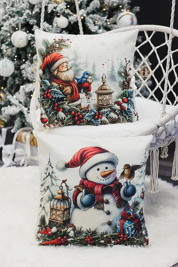 Наволочка декоративная новогодняя 2 шт рогожка НАТАЛИ, дедфонарьснеговик - фото 1