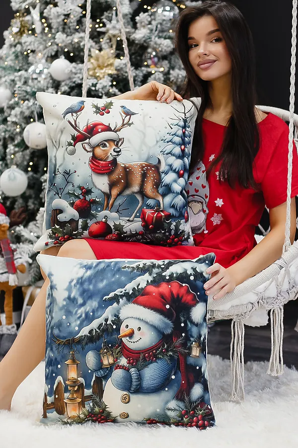 Наволочка декоративная новогодняя 2 шт рогожка НАТАЛИ, оленьшапкаснеговик - фото 1