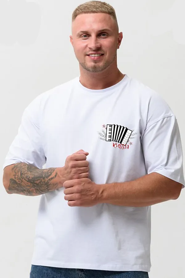 8579 футболка оверсайз мужская НАТАЛИ, белый+гармонь - фото 1