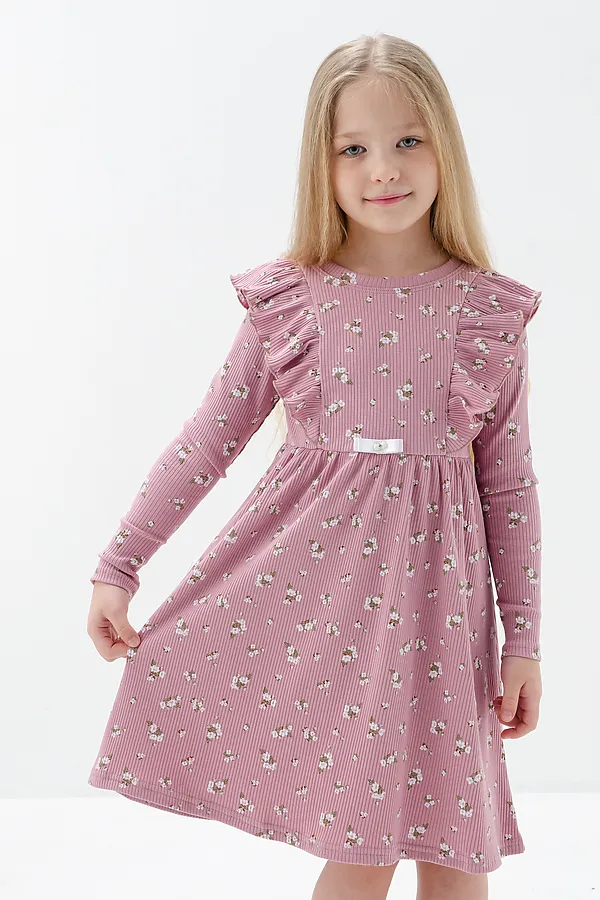 Платье Бетти длинный рукав детское НАТАЛИ, цветочки на розовом - фото 1