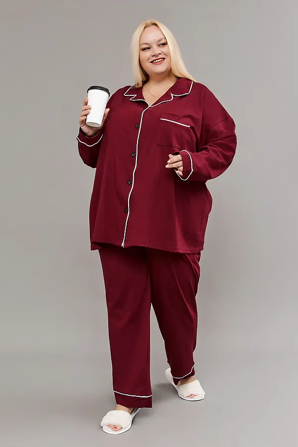 Пижама с брюками на пуговицах больших размеров Однотоннная НАТАЛИ, бордовый - фото 1