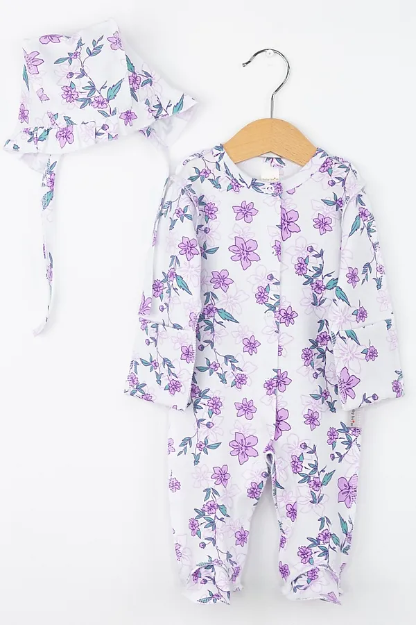 Комплект (Комбинезон+Чепчик) BABY BOOM, цветы сиреневые на белом - фото 1