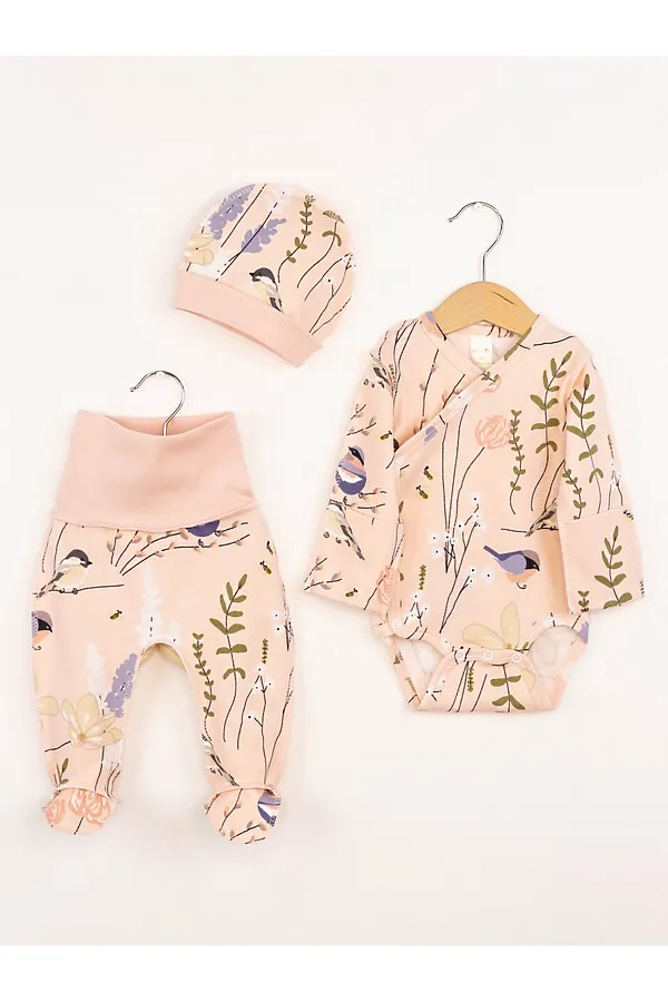 Комплект (Боди+Ползунки+Шапочка) BABY BOOM, птички на розовом - фото 1