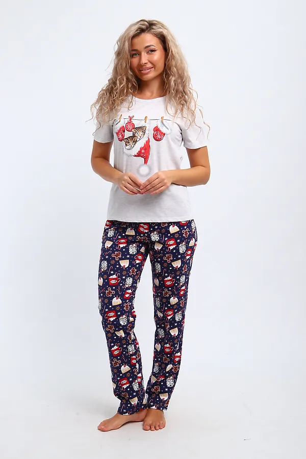 Костюм с брюками КД-008-080 Котята новогодние НАТАЛИ, белый меланж/синий - фото 1