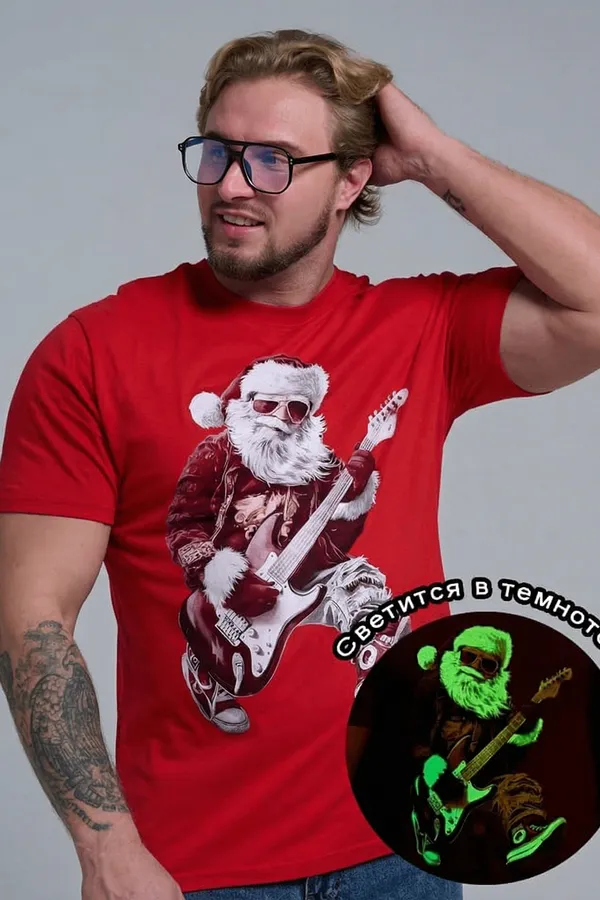 8581 футболка унисекс НАТАЛИ, красный+д мороз с гитарой - фото 1