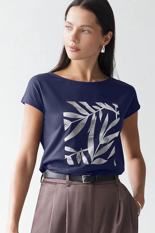 Футболка VILATTE, т.синий_листики - фото 1