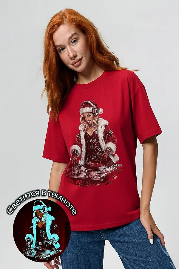 8585 футболка унисекс НАТАЛИ, красный+диско снегурочка - фото 1