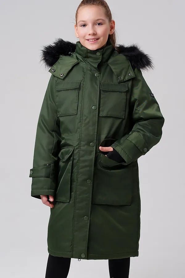 Пальто текстильное с полиуретановым покрытием для девочек PLAYTODAY, темно-зеленый - фото 1