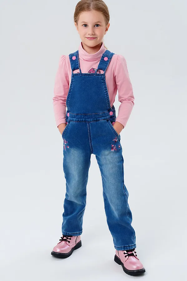 Полукомбинезон текстильный джинсовый утепленный флисом для девочек PLAYTODAY, тёмно-синий - фото 1