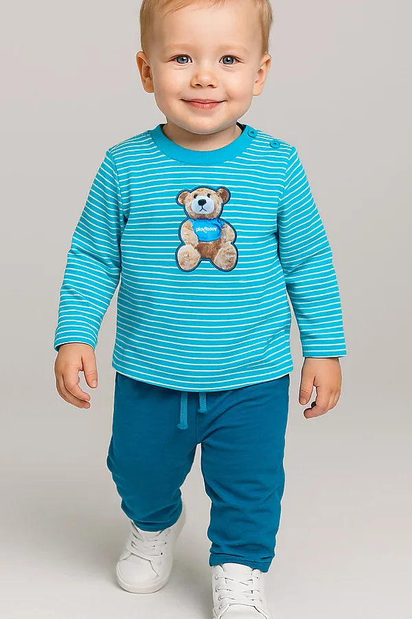 Комплект детский трикотажный для мальчиков: фуфайка (футболка с длинными рукавами), брюки PLAYTODAY, бирюзовый,голубой - фото 1