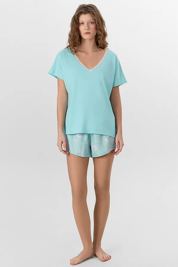 Комплект женский (футболка, шорты) MARK FORMELLE, мятный +цветы на мятном - фото 1