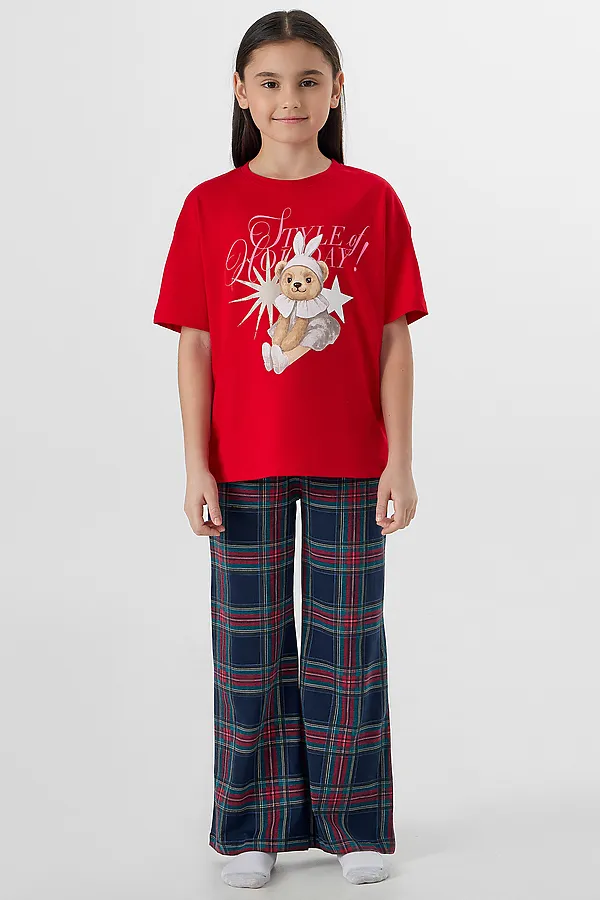 Комплект для девочек (джемпер, брюки) MARK FORMELLE, красный +клетка на т.синем - фото 1