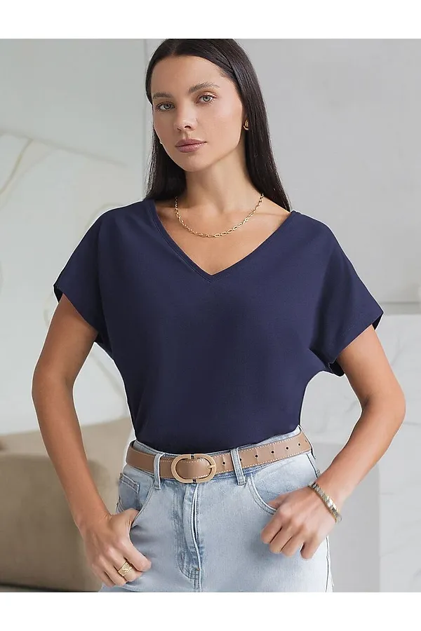 Футболка с V-вырезом и цельнокроеным рукавом из премиального хлопка VILATTE, темно-синий - фото 1