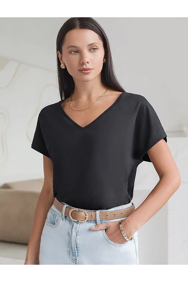 Футболка с V-вырезом и цельнокроеным рукавом из премиального хлопка VILATTE, черный - фото 1