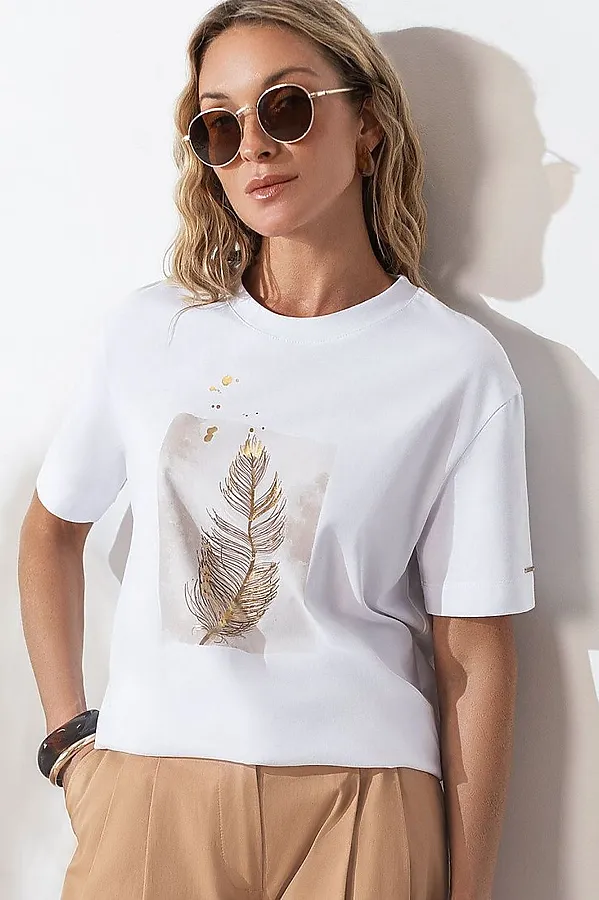 Свободная футболка с принтом из премиального хлопка с эластаном VILATTE, белый_перо - фото 1