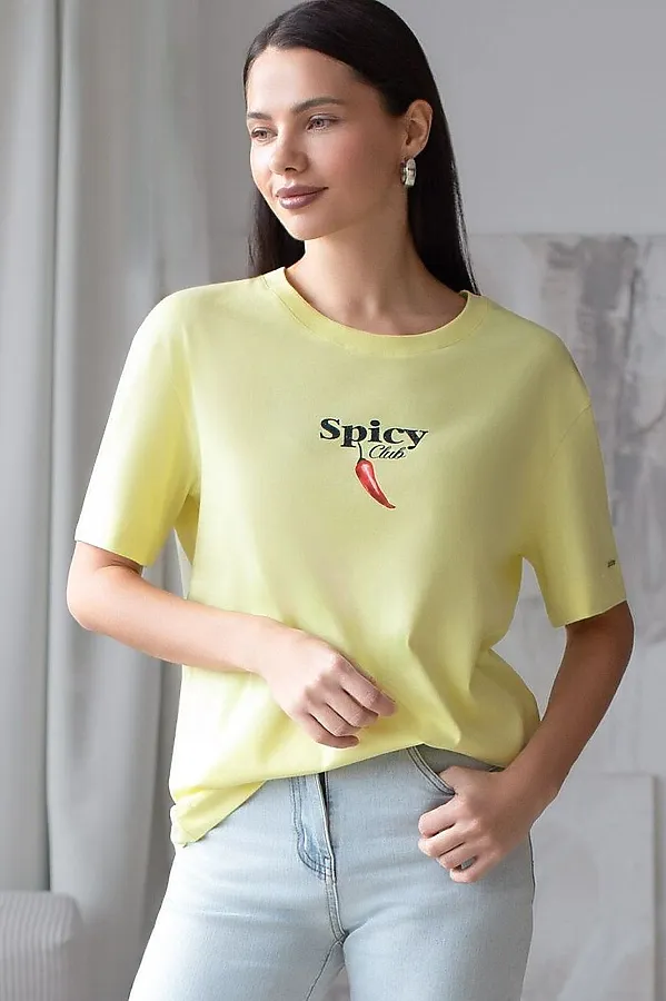 Свободная футболка с принтом из премиального хлопка с эластаном VILATTE, лимонный_spicy - фото 1