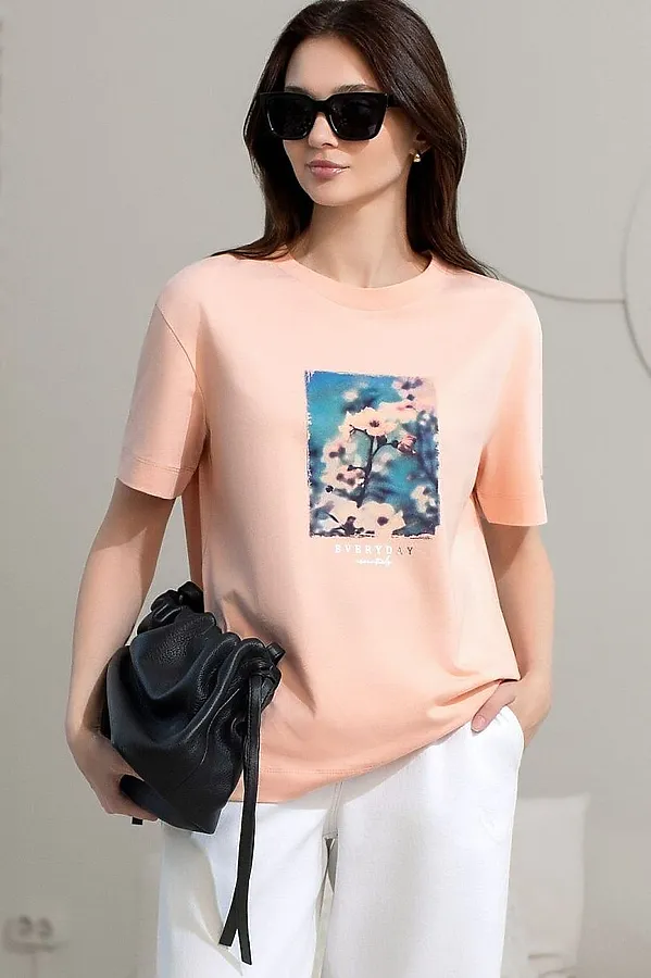 Свободная футболка с принтом из премиального хлопка с эластаном VILATTE, пудра_everyday - фото 1