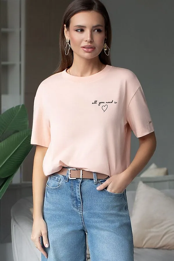 Свободная футболка с принтом из премиального хлопка с эастаном VILATTE, пудра_love - фото 1