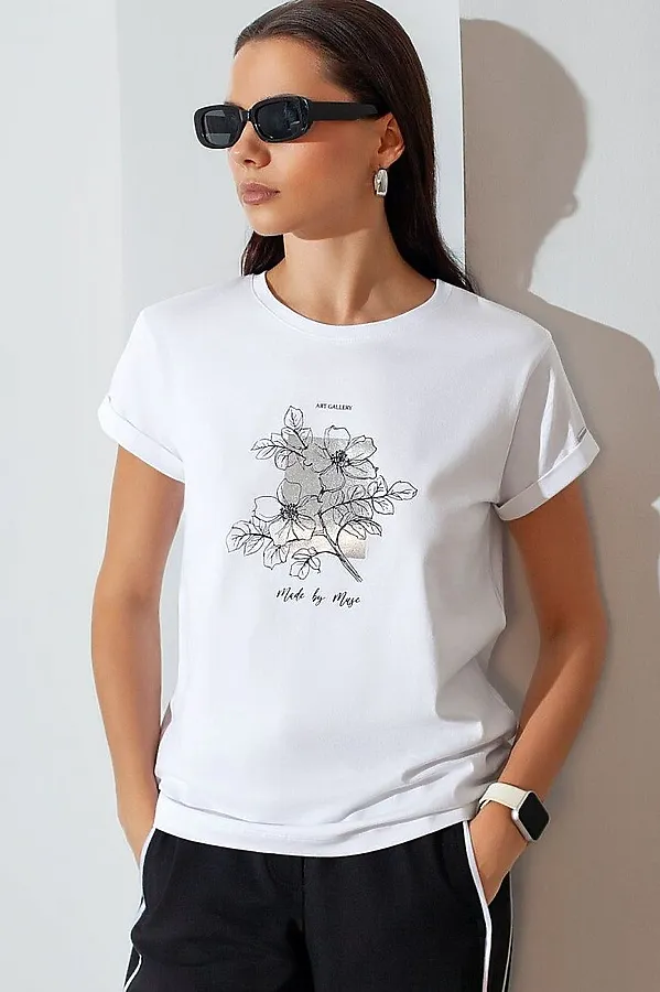 Свободная футболка с принтом из премиального хлопка с эастаном VILATTE, белый_muse - фото 1