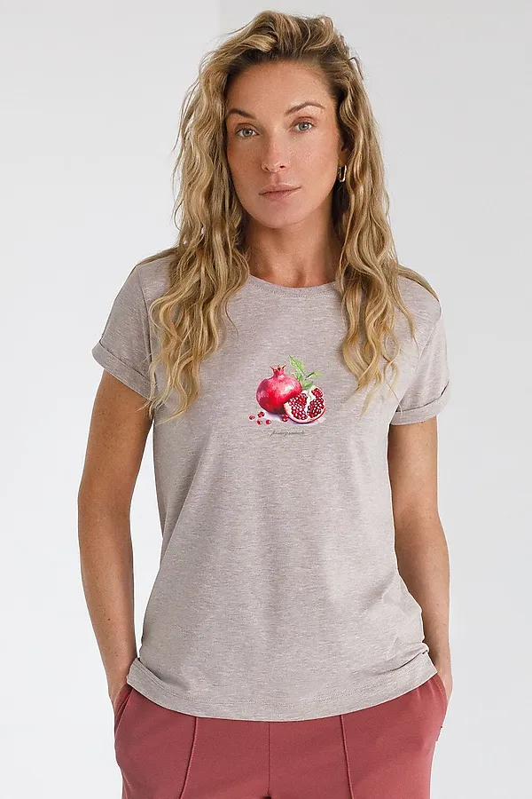 Свободная футболка с принтом из премиального хлопка с эастаном VILATTE, кофейный меланж_pomegranate - фото 1