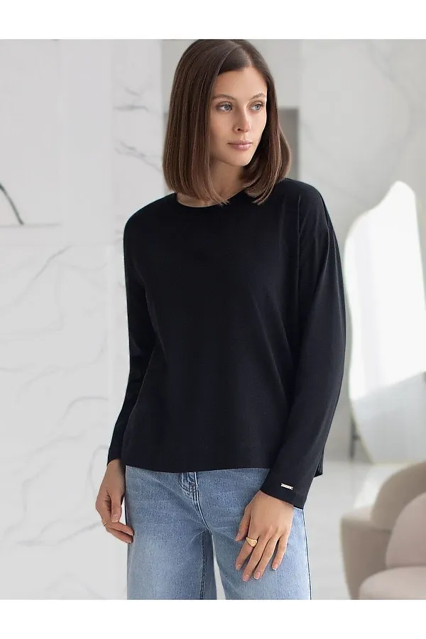 Базовый лонгслив из премиального хлопка с эластаном VILATTE, черный - фото 1