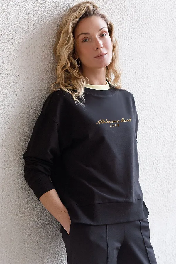 Свободный свитшот с принтом и разрезами из эластичного футера двухнитки без начеса VILATTE, черный_athleisure mood - фото 1