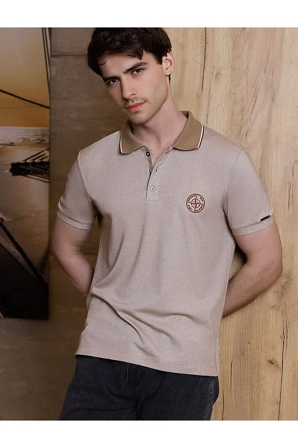 Футболка поло с воротником на пуговицах из полотна пике с меланжевым плетением с эластаном VILATTE, бежевый меланж - фото 1