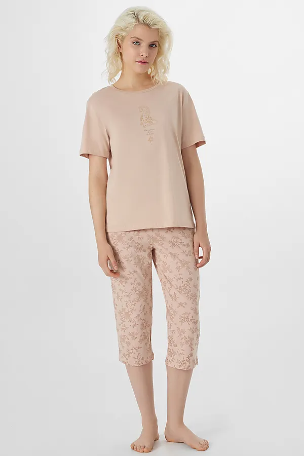 Комплект женский (футболка, бриджи) MARK FORMELLE, лунный свет +цветочки на молочном - фото 1