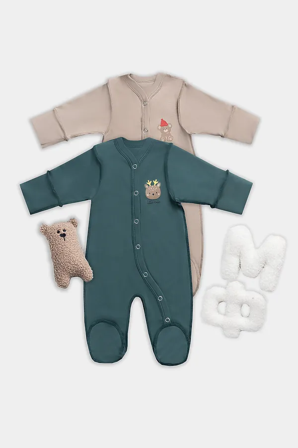 Комбинезон нательный детский (2шт.) MARK FORMELLE, бежевый +изумруд +печать - фото 1