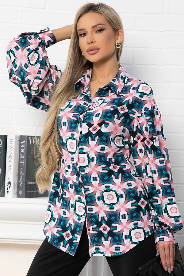 Блуза хлопковая Танец линий LADY TAIGA, зеленая - фото 1