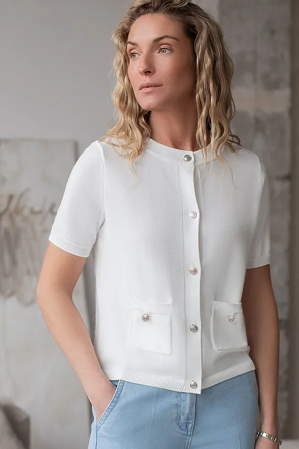 Кардиган c коротким рукавом вязаный из хлопка с акрилом VILATTE, белый - фото 1