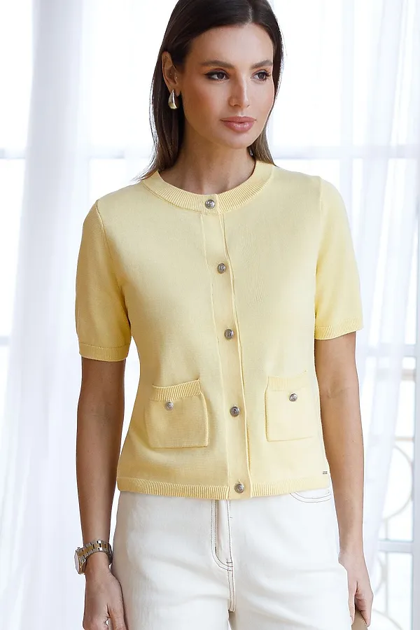 Кардиган c коротким рукавом вязаный из хлопка с акрилом VILATTE, светло-желтый - фото 1