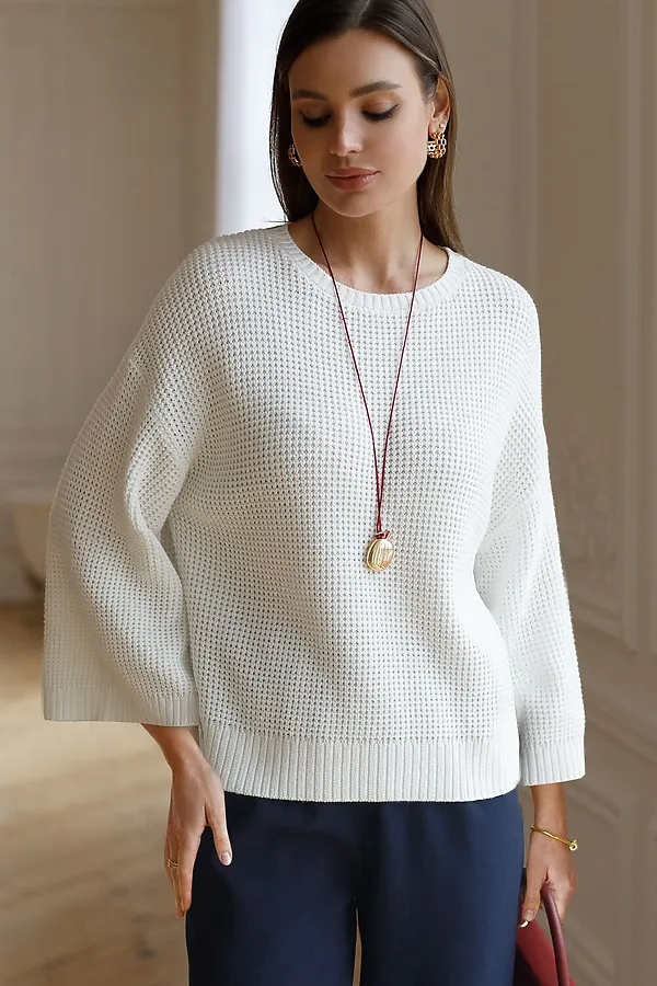 Укороченный джемпер с широкими рукавами рельефной вязки из хлопка с акрилом VILATTE, белый - фото 1