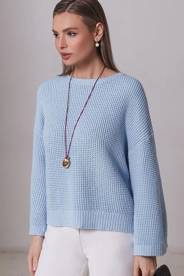 Укороченный джемпер с широкими рукавами рельефной вязки из хлопка с акрилом VILATTE, светло-голубой - фото 1