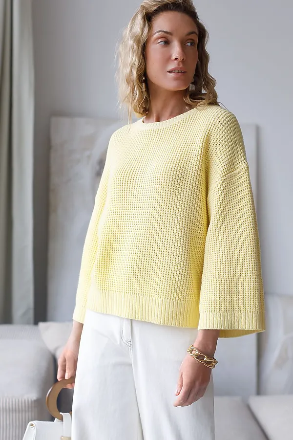 Укороченный джемпер с широкими рукавами рельефной вязки из хлопка с акрилом VILATTE, светло-желтый - фото 1