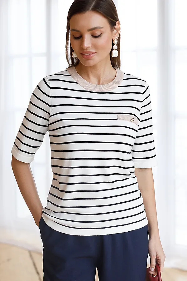 Свободный джемпер в полоску из вискозы с люрексом VILATTE, белый - фото 1