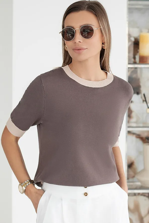 Джемпер с коротким рукавом тонкой вязки из вискозы с люрексом VILATTE, кофейный - фото 1