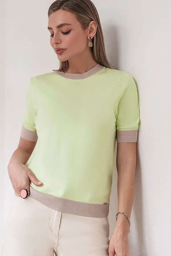 Джемпер с коротким рукавом тонкой вязки из вискозы с люрексом VILATTE, светло-зеленый - фото 1