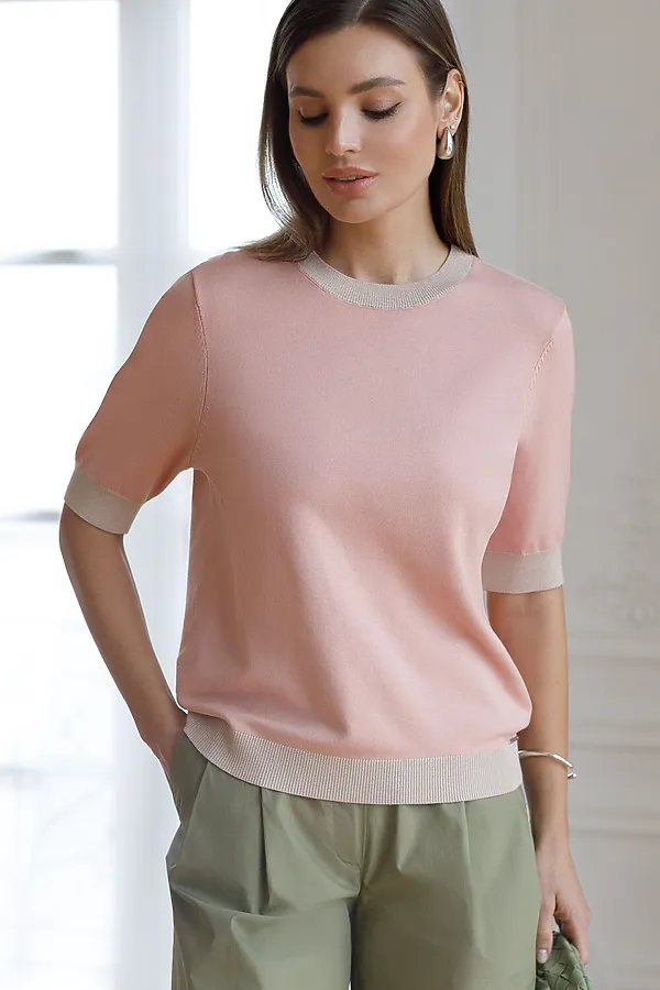 Джемпер с коротким рукавом тонкой вязки из вискозы с люрексом VILATTE, светло-розовый - фото 1