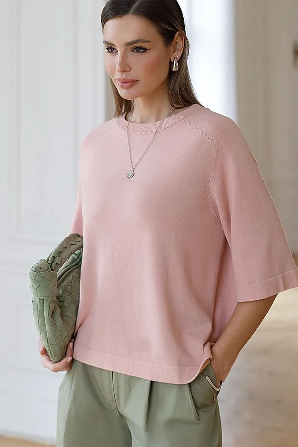 Свободный джемпер с рукавом 3/4 тонкой вязки из вискозы VILATTE, светло-розовый - фото 1