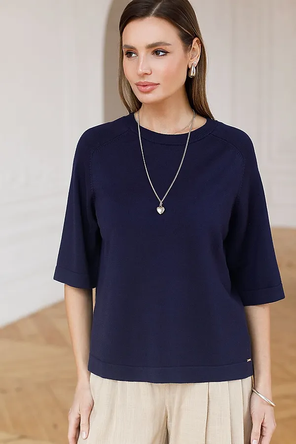 Свободный джемпер с рукавом 3/4 тонкой вязки из вискозы VILATTE, темно-синий - фото 1