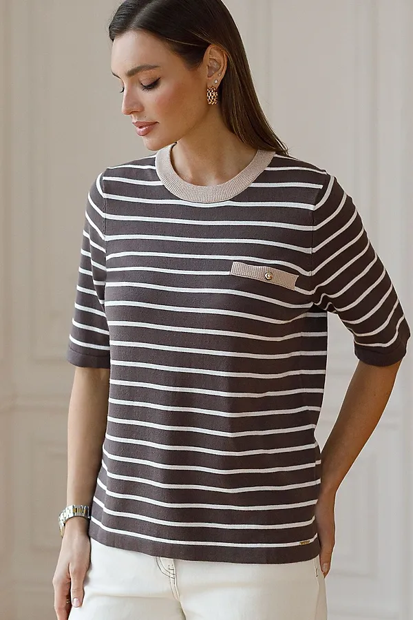 Свободный джемпер в полоску из вискозы с люрексом VILATTE, кофейный - фото 1