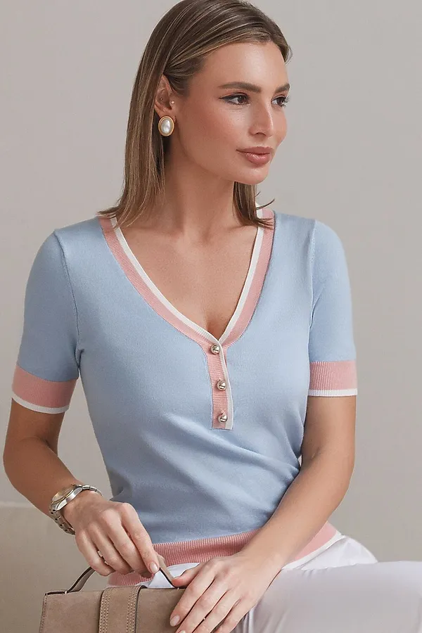 Джемпер с V-вырезом с коротким рукавом из вискозы VILATTE, светло-голубой - фото 1