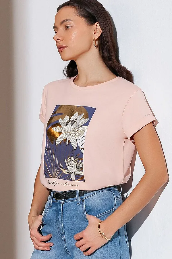 Свободная футболка с принтом из премиального хлопка с эластаном VILATTE, пудра_care - фото 1