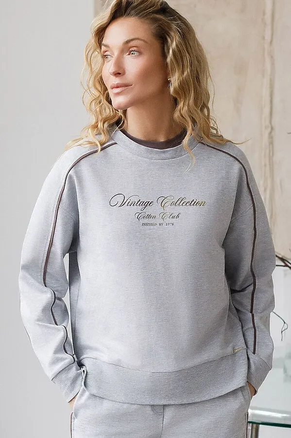 Свитшот с лампасами и разрезами из эластичного футера двухнитки без начеса VILATTE, св.серый меланж_cotton club - фото 1