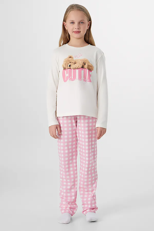 Комплект для девочек (лонгслив, брюки) MARK FORMELLE, св.молочный +бело -розовая клетка - фото 1