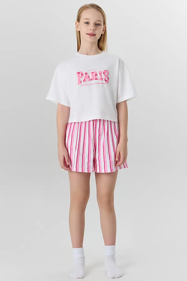 Комплект для девочек (футболка, шорты) MARK FORMELLE, белый +розовая полоска - фото 1